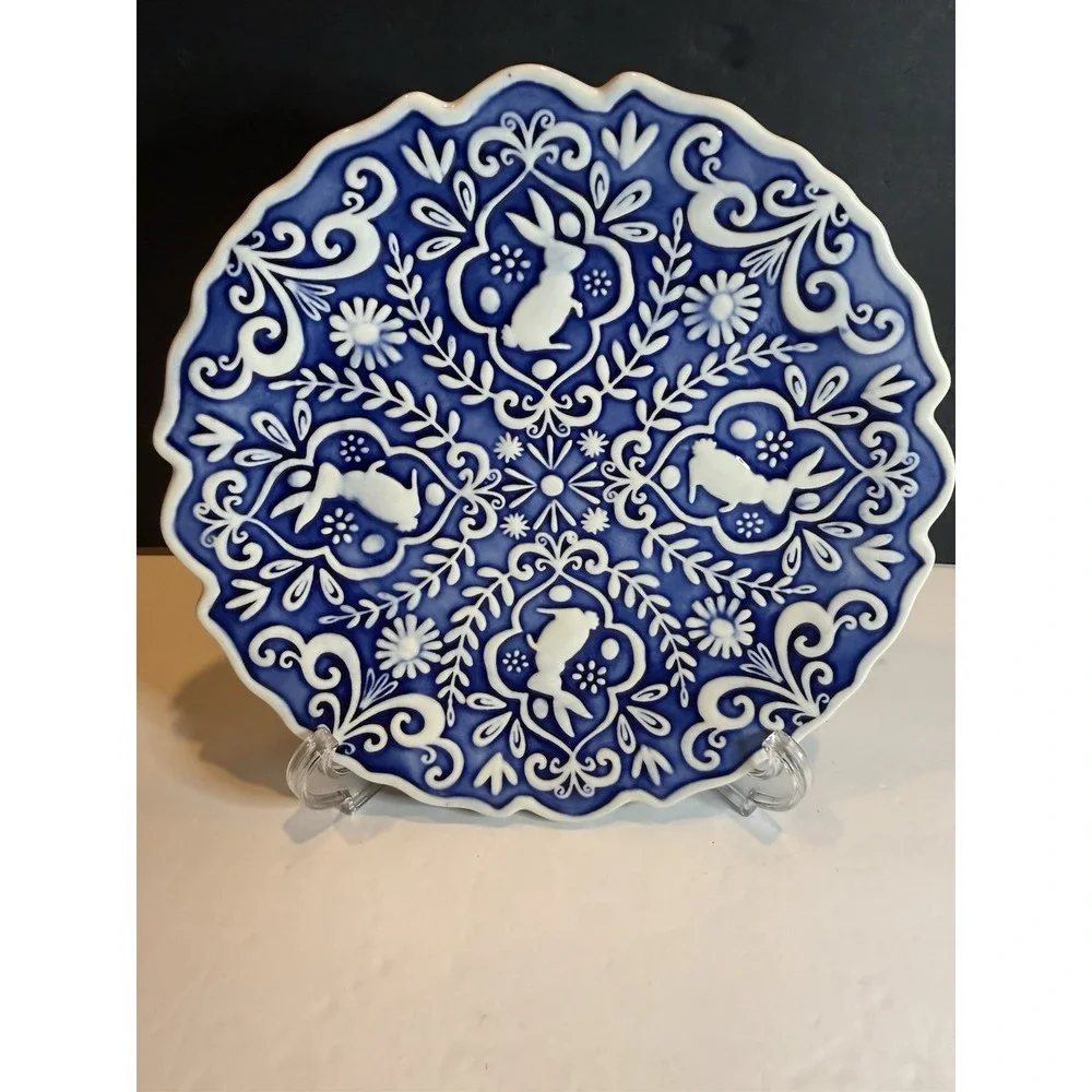 Pier 1 Imports Blue & White Bunny Stoneware Salad Plate 8.5